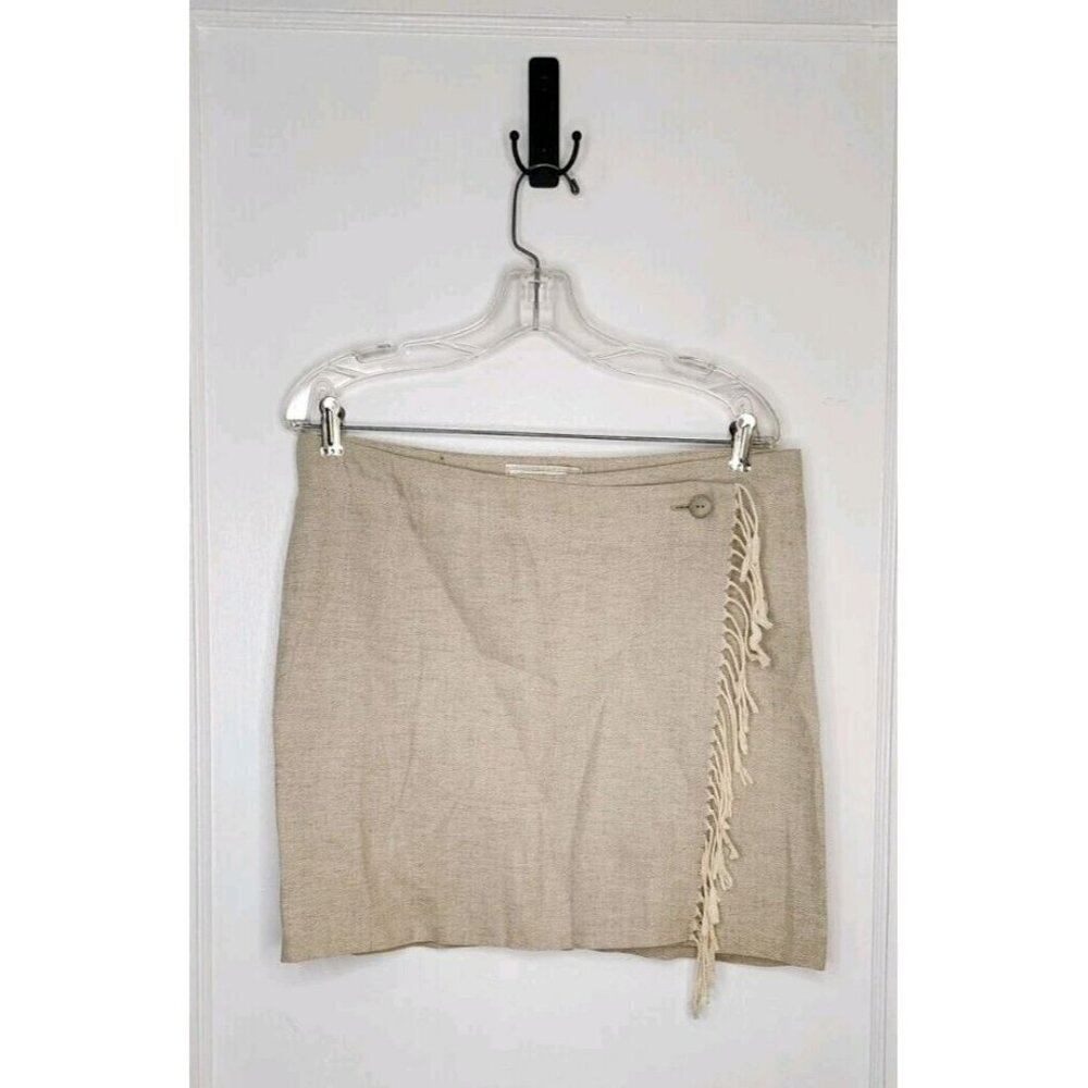 Express Compagnie Linen Cotton Wrap Skirt 13/14 Mini Neutral Beach Fringe 90s